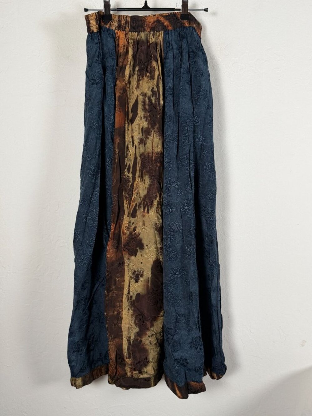 Kusnadi Womens Maxi Skirt Silk Jacquard Floral Patchwork Gypsy Boho Blue Brown